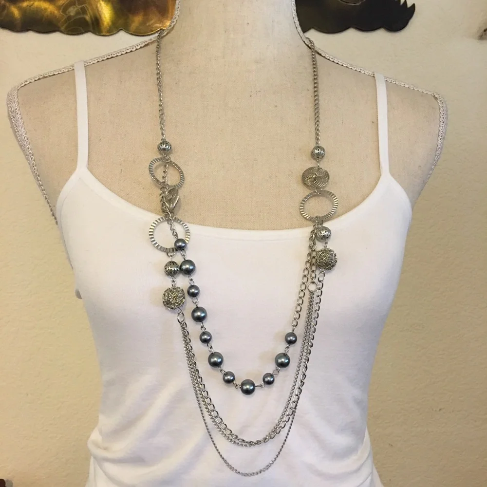 Silver tone tiered gray pearl bead long necklace
